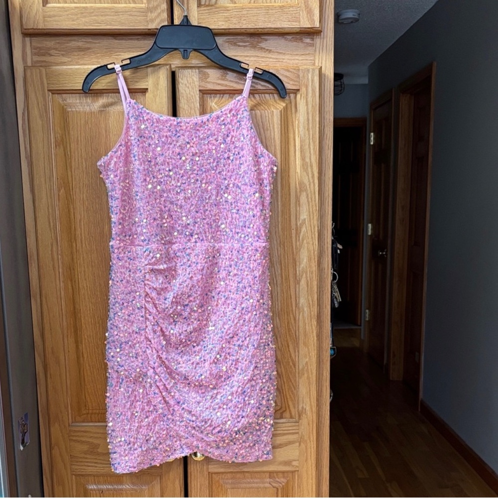 Zunie Pink Sequin Spaghetti-Strap Mini Dress